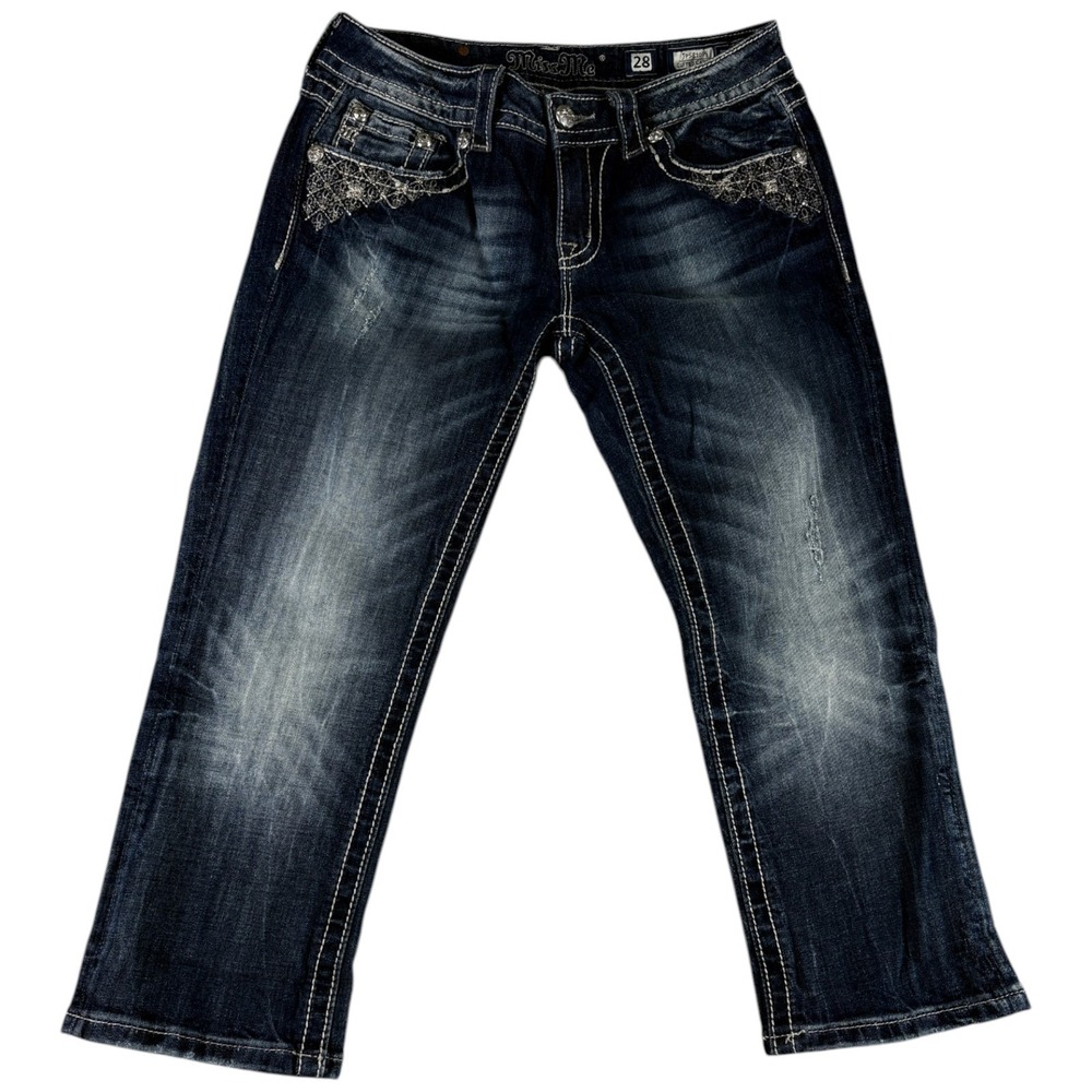 Miss Me Cuffed Capri Jeans Womens 28 Blue Denim Cotton Embellished Flap Pockets